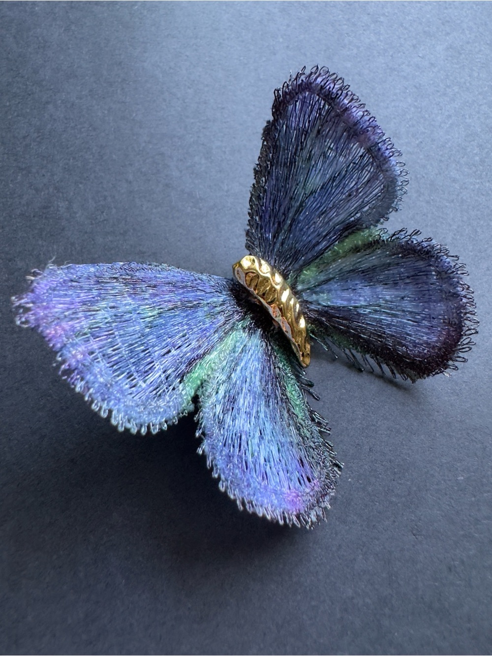 Handcrafted Iridescent Purple Butterfly Brooch with Gold Accent